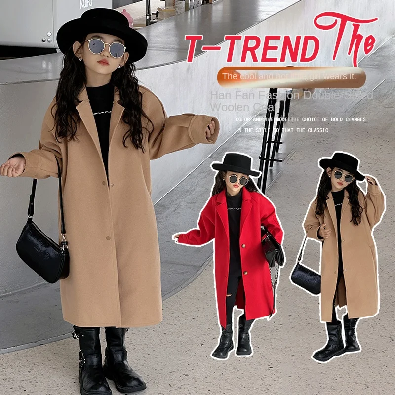 Girls' coat 2024 new children's autumn  winter clothing net red Sea, children's thick double-sided cashmere wool coat 110-170cm