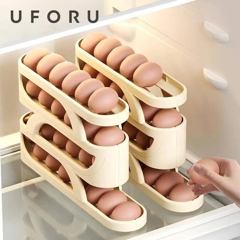 UFORU Roll-Eier-Aufbewahrungsbox, automatisch nachfüllender Kühlschrank-Eier-Organizer, ultraflaches Design, großer Küchen-Aufbewahrungsbehälter