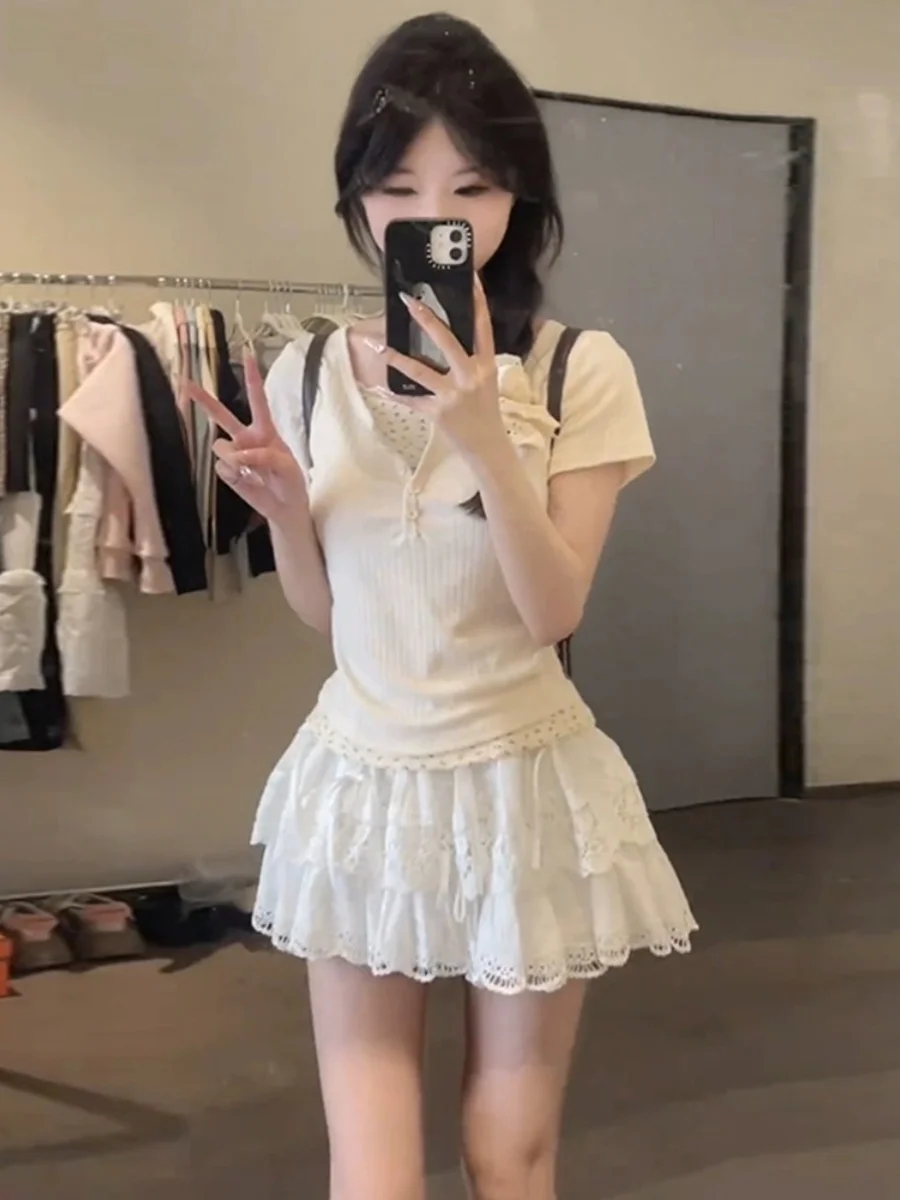 Ballet Sweet Girl ature Milk System Set Summer T-irt Top Cake ort Skirt Anti-aging Sweet Two-piece Set