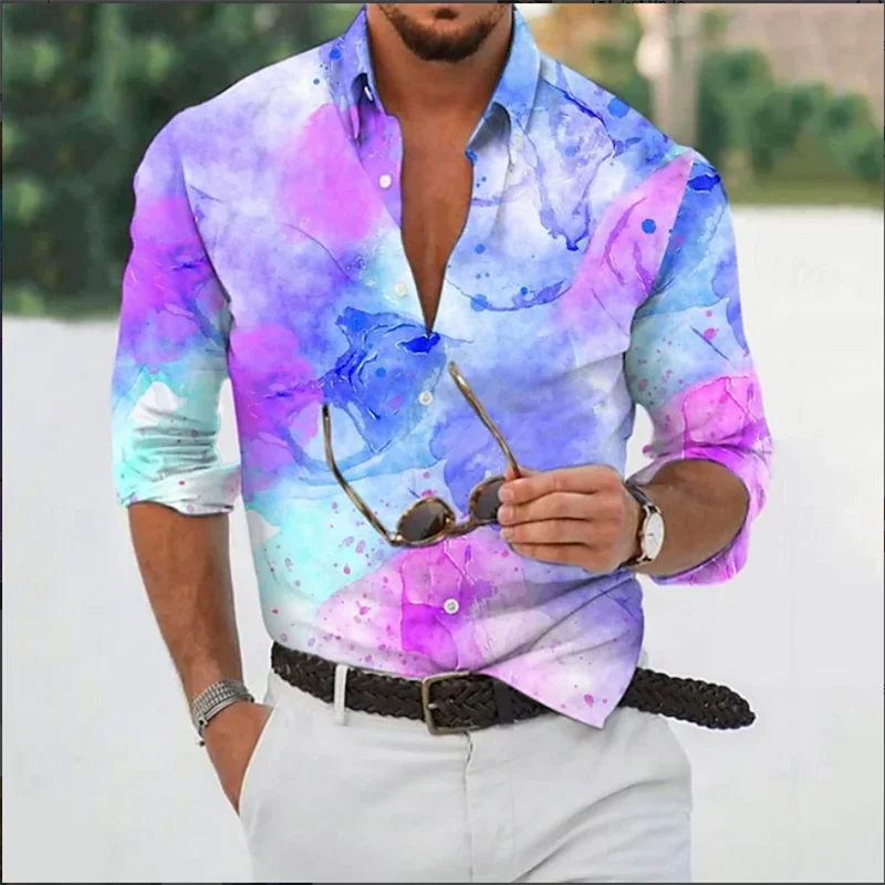 قميص رجالي رفيع ومريح بأكمام طويلة، قميص فاخر بأكمام طويلة بنمط طباعة رخامية هندسية ثلاثية الأبعاد لملابس ربيع الخريف