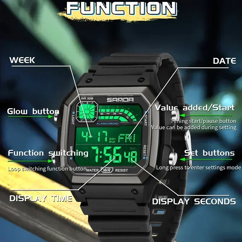 SANDA Top Outdoor Sport Cronografo elettronico Orologio da uomo Multifunzione 50M Impermeabile LED Digitale Adolescenti Orologi da polso da uomo