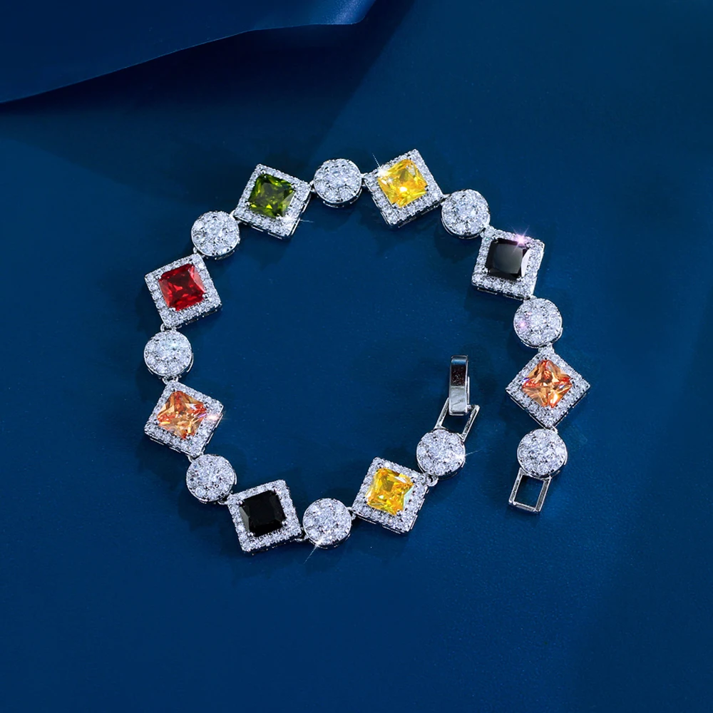 ThreeGraces New Fashion Shiny Multicolor Zirconia Geometric Rhombic Link Chain Bracelet For Women Bridal Party Jewelry BR416