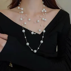 White Simulated Pearl Jewelry Multi-Layer Long Necklace Women Bijoux Fashion Classic Beads Chain Necklaces & Pendants Gift