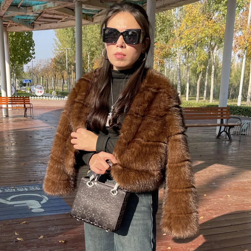 Chic Street Girls Gradient Faux Fur Jacket Women 2025 Winter Brown Vintage Gradient Thick Warm Outerwear Fluffy Fur Jacket