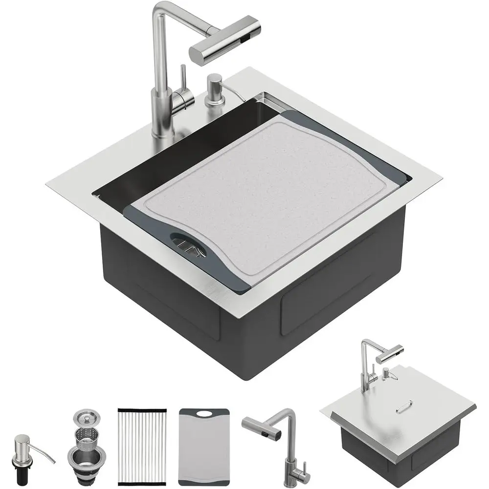 

21 Inch Outdoor Kitchen Sink - 21" x 20" StainlSteel Drop Sink 16 Gauge with Pull Down aucet Combo & Cover or Small Outdoor Kitc