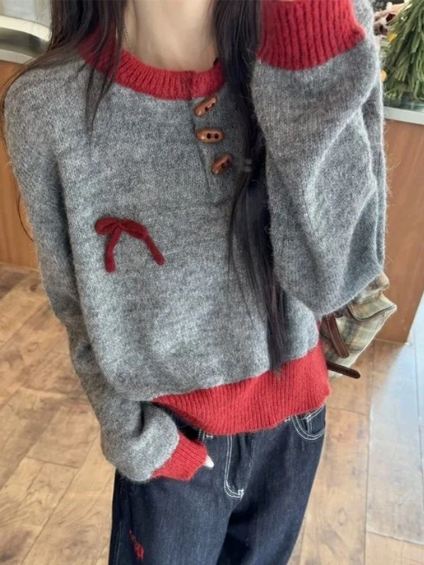 Women's Short Thickened Knitted Sweater 2026 New Winter Fashion Color Block Corner Button Crew Neck Inner Wear Casual Style
