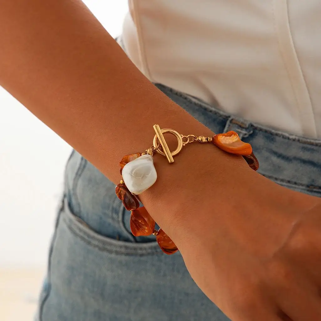 PuRui Bohemia Imitation Pearl Orange Geometric Stone Chain Bangle Romantic Women OT Buckle Summer Ocean Beach Pendant Bracelet