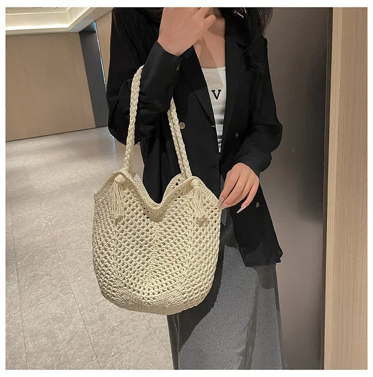 Forest Style Literary and Artistic Temperament Tassel Woven Tote Bag Lazy Style 2024 New Holiday Beach Bag