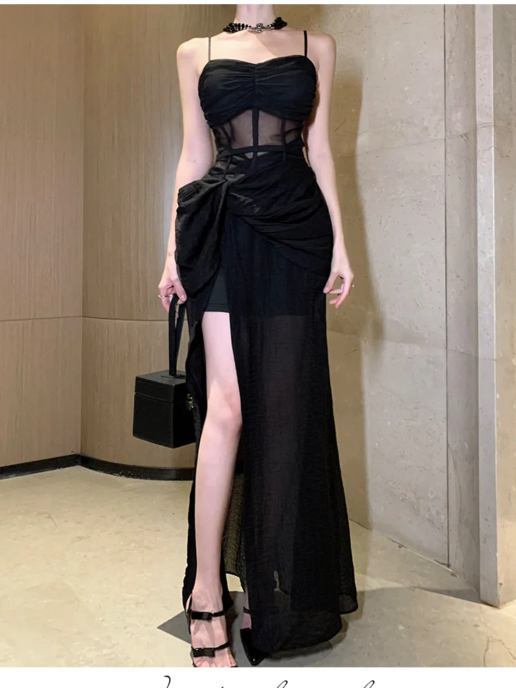 Elegante preto vestido comprido feminino, sem mangas, rachado, francês, sexy, aniversário, festa de noite, roupa feminina, verão, novo, moda, 2022