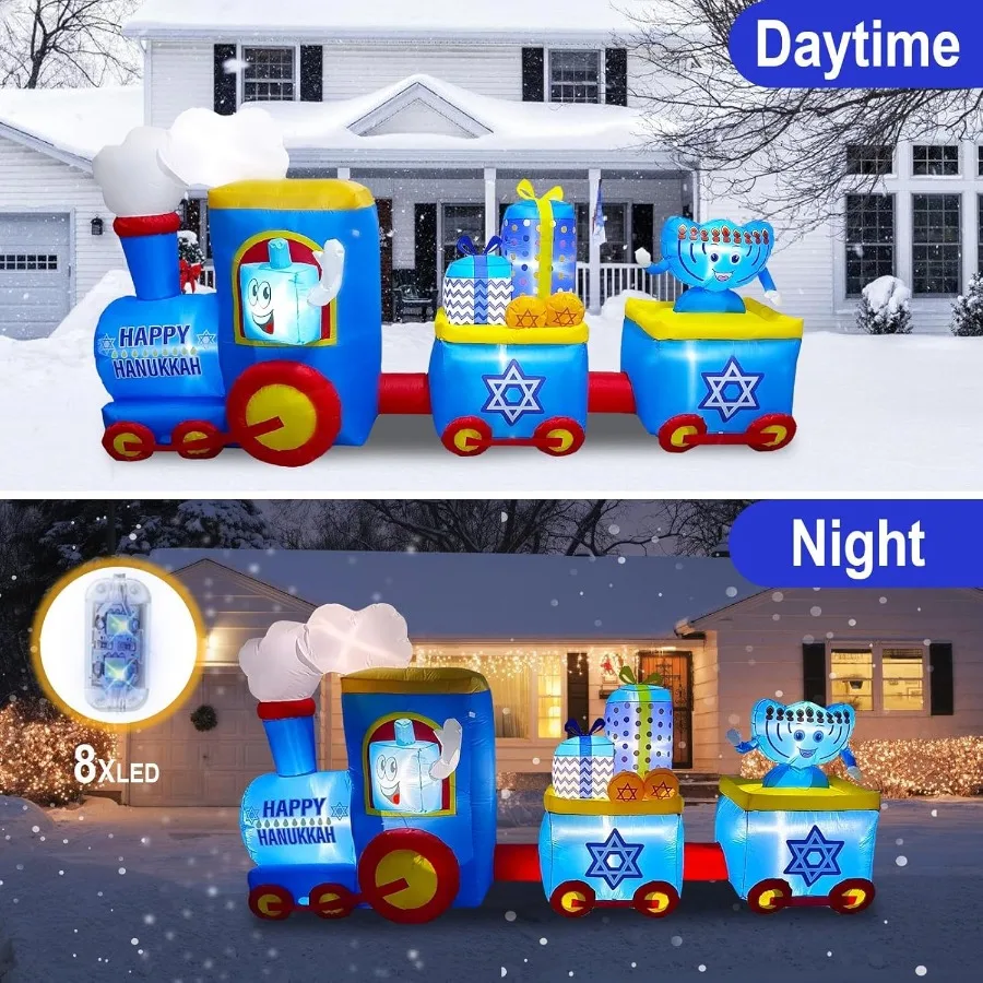 10FT طول هانوكا نفخ قطار الشمعدان الديكور في الهواء الطلق تفجير ديكورات هانوكا المدمج في 8 أضواء Led للمنزل Ga #4
