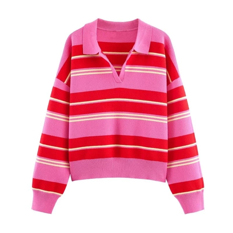 2026 Pink Red Striped Polo Knit Pullover - Women's Turn Down Collar Long Sleeve Loose Top, Spring Autumn Casual Wear for Daily