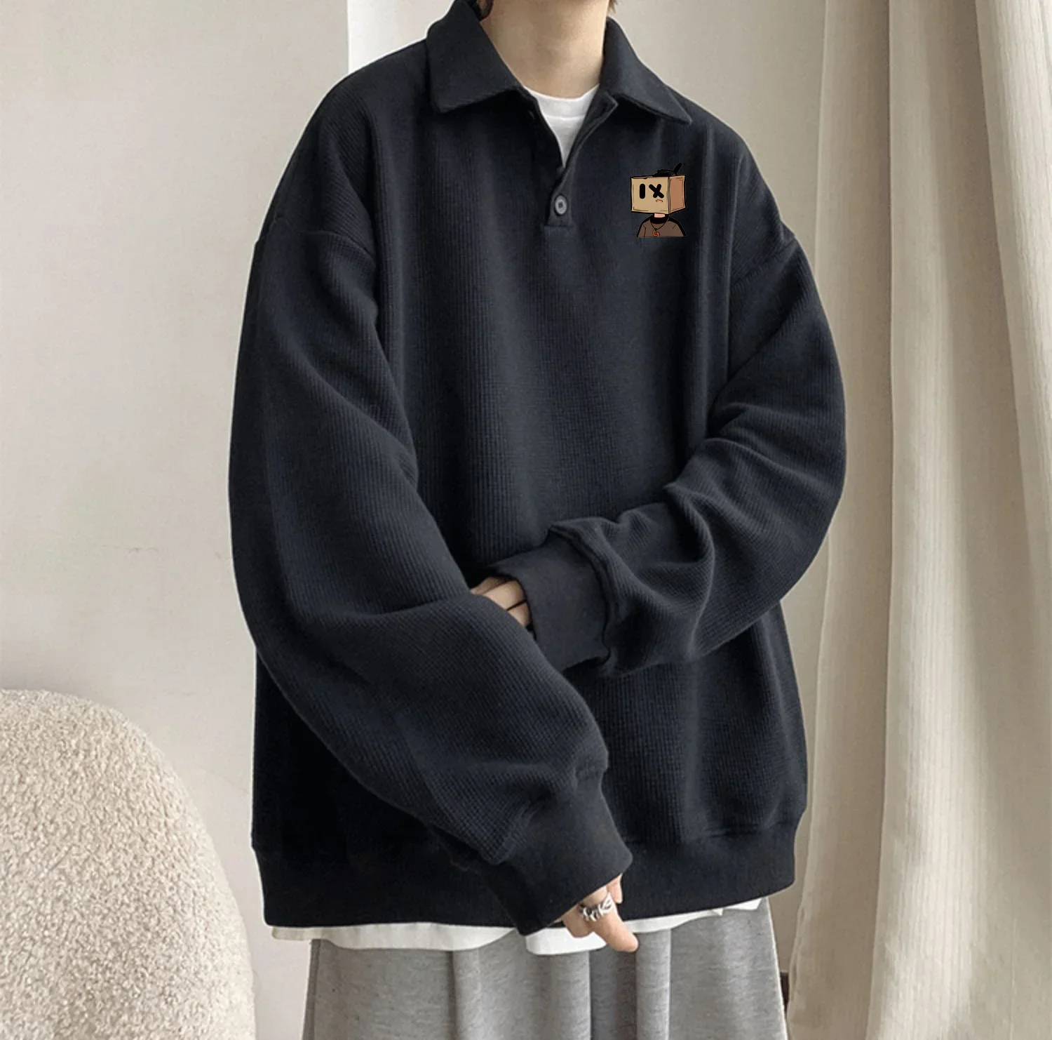 American Retro Pullover felpa con colletto da uomo primavera autunno vestibilità ampia Ins Polo a maniche lunghe minimalista grigio alla moda
