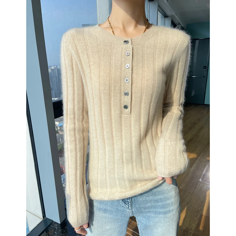 

Women's Autumn Winter Long Sleeved Warm And Thickened High-Quality Solid Round Neck Jumper 100%Merino Wool Pullover Knit Sweater