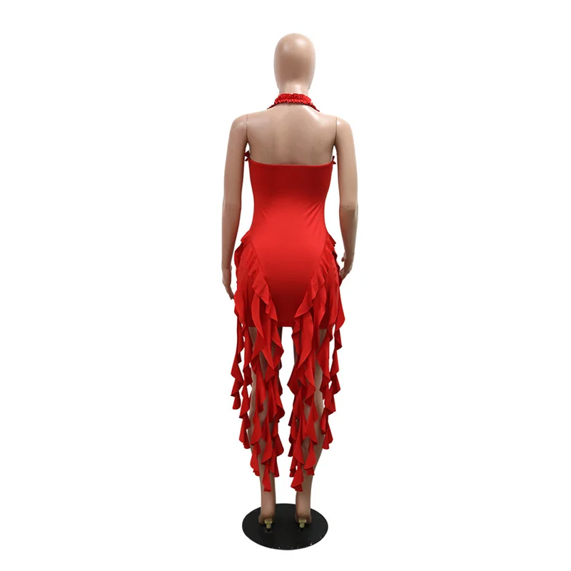 Summer Backless Halter Irregular Sexy Ruffles Party Dresses Women 2024 Sleeveless Tassel Bodycon Night Club Dress Birthday Red