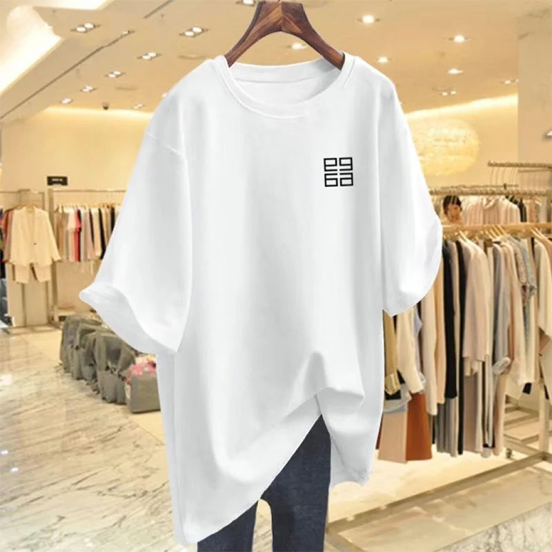 Summer Casual Chic Little Printed Simple Loose Pullover Women Pure Cotton Top Tee Lady Short Sleeve O-neck Basics T-shirt