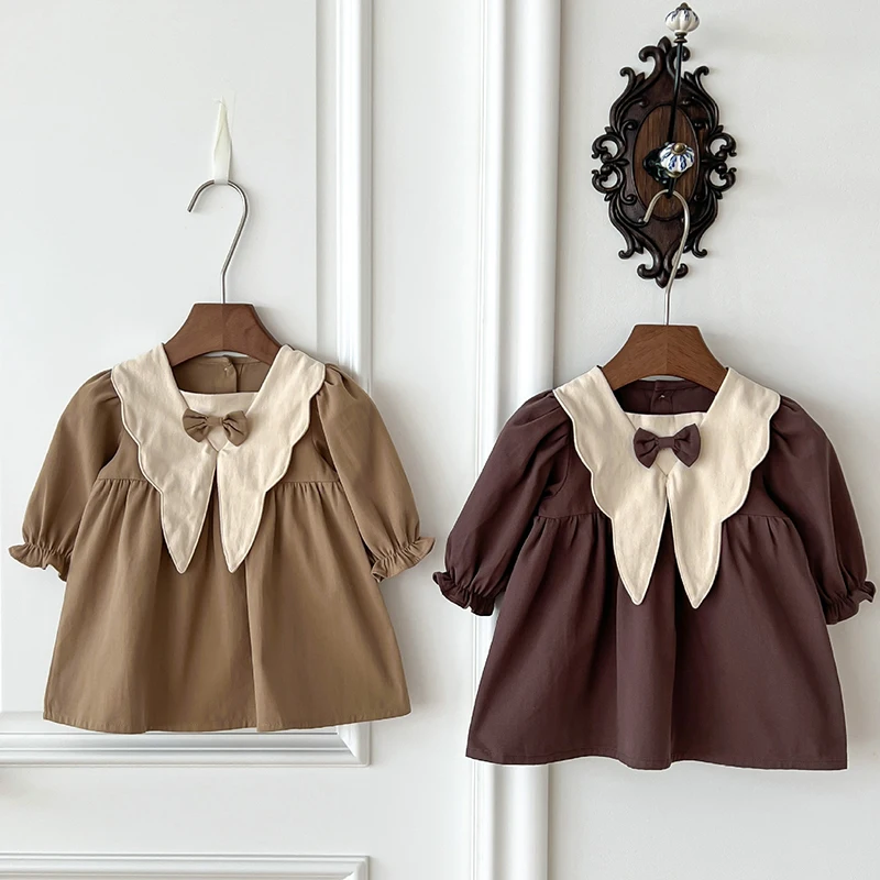 Spring Baby Girl Dress Khaki Coffee Patchwork Dress Turn-down Collar Retro Princess Dresses Autumn Infant Clothes Korean Style