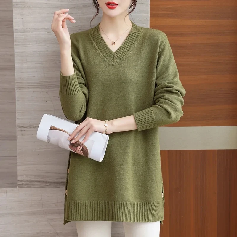 Women Clothes Pullovers Autumn Winter 2024 New Knitted Undershirt Sweater Plus-size V-neck Midi Loose Color All-match Jumper