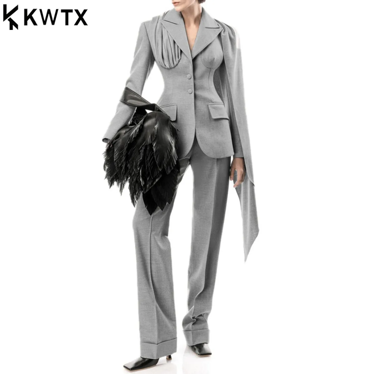 KWTX 2025 レディース 高級ブレザー スカーフカラー プリーツウエスト ヴィンテージ 無地 デザイナー エレガント シック 秋冬コート