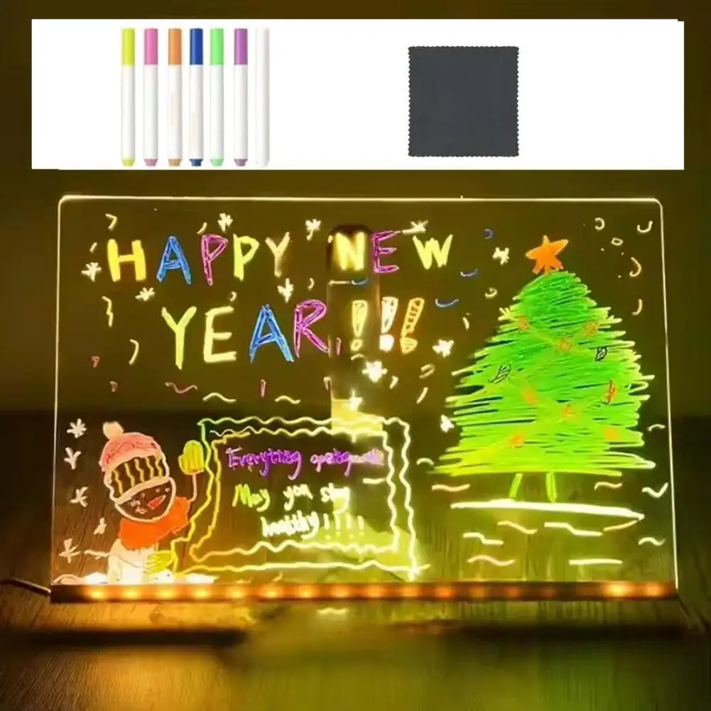 Tableau de notes lumineux LED avec stylo 7 couleurs, planche à dessin en acrylique éclairée, marqueur de messages scintillant pour le bureau, l'école et la maison