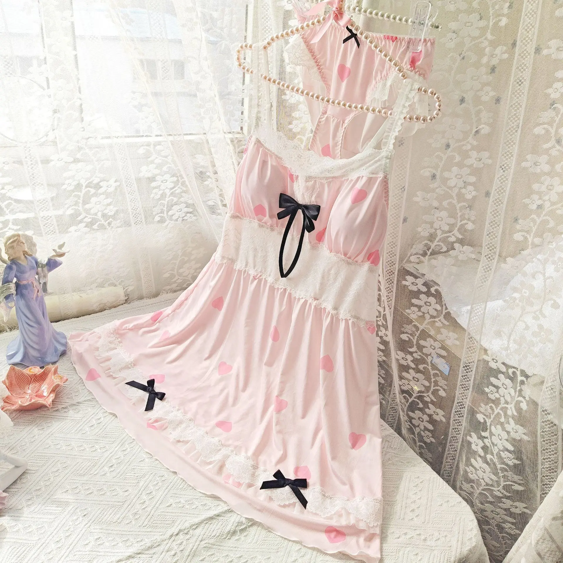 

Women Heart Print Ice Silk Nightgown Set Spaghetti Strap Bow Lace Sleep Dress With Built-in Bra Pad Cute Sweet Home Lingerie Paj
