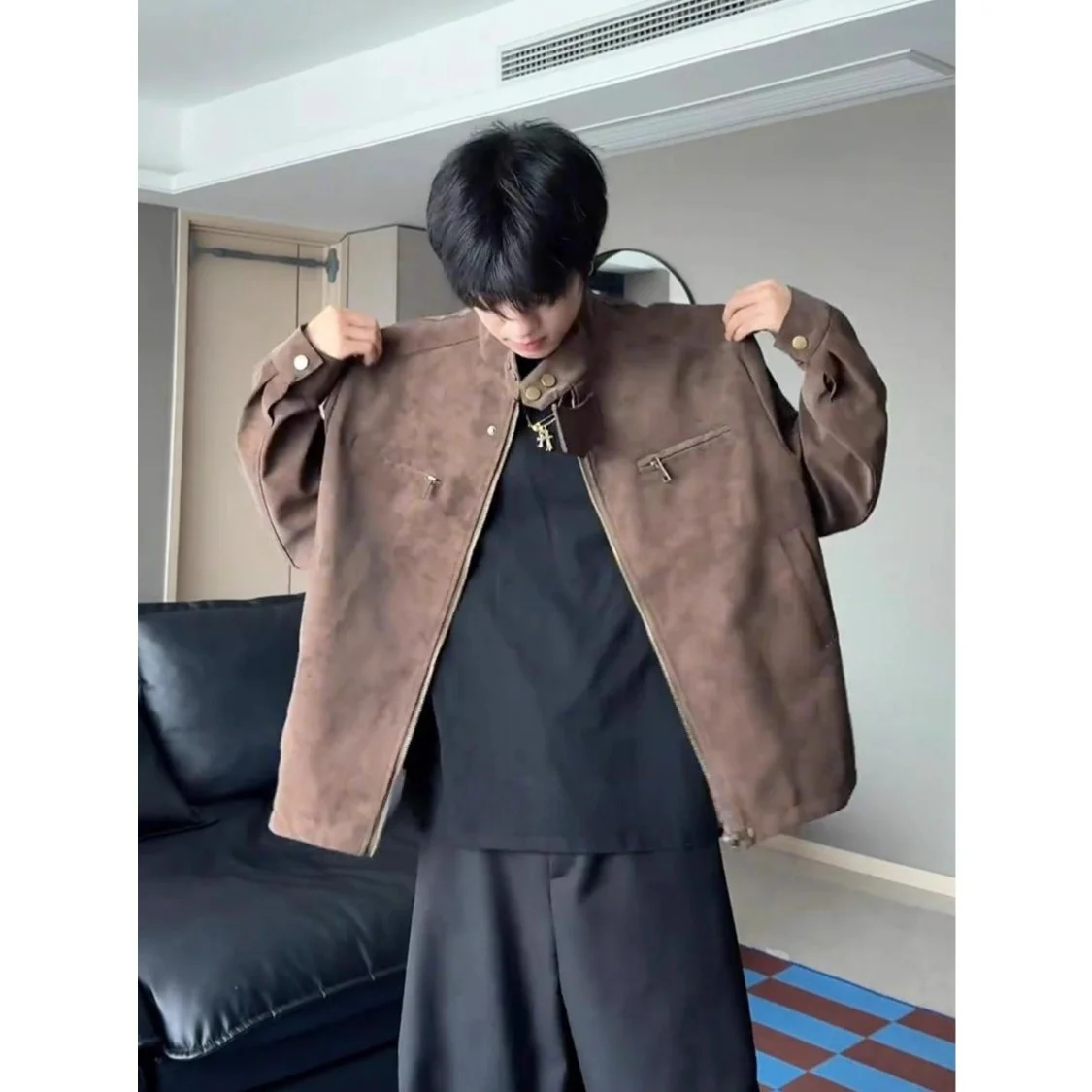 

ort Amber Glow Coffee Color Men's Leather Jaet Stand Collar PU Coat Autumn High Sensation Cool American Sle Warmth