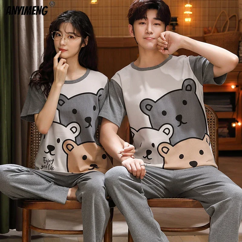 New Summer Soft Cotton Loungewear for Couple Small Dinosaur Cartoon Printing Sleepwear Fashion Pajama Sets for Youth Lovers