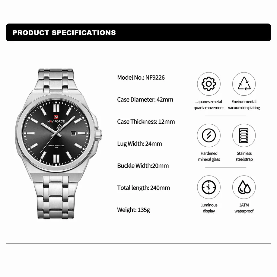 NAVIFORCE Brand Original Men Watch Stainless Steel Strap Quartz Wristwatch Business Waterproof Luminous Clock Relogio Masculino