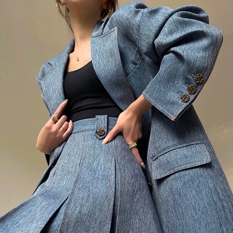 [oein] 2024 Complete Set Of Autumn Outfits That Exude Sophisticated Aura, A Formal Blue Suit, Jacket, Skirt, And