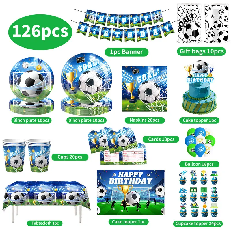 Fußball-Geburtstagsparty-Dekorationen Fußball-Tischgeschirr Teller Becher Tischdecke Ballons Hintergrund-Banner Geschenktüten Jungen-Partyzubehör – Detail 4