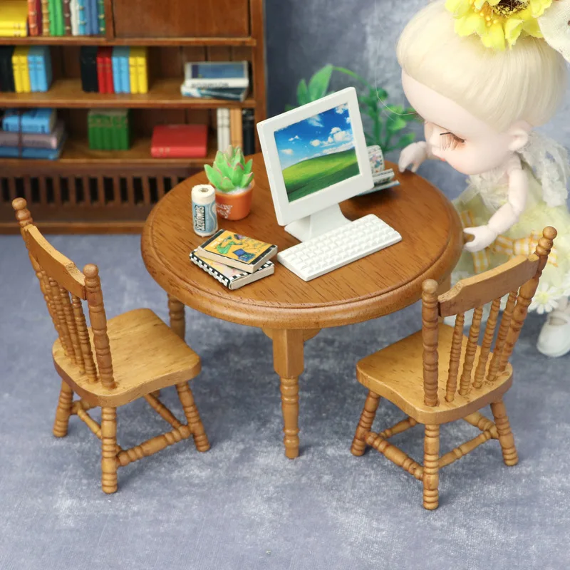 1:12 Miniatur Rumah Boneka Kerajinan Kayu - Set Meja dan Kursi Kayu Solid Warna Chestnut untuk Ruang Makan