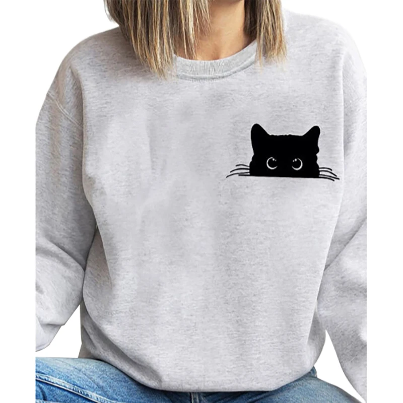 Damen pullover Katze Rundhals ausschnitt Langarm lose lässige Pullover Drop Shoulder Damen Pullover grau