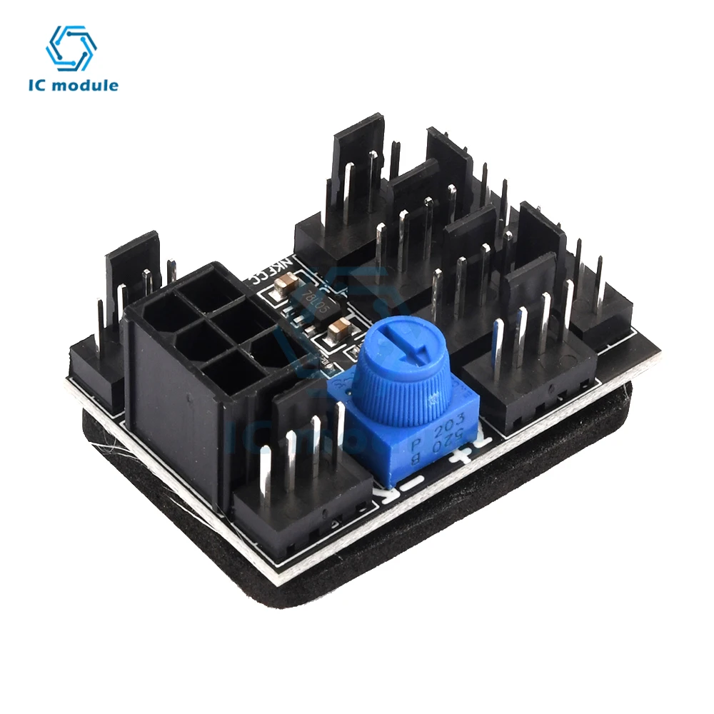 3 Pin 4 Pin Fan Adapter PWM PC Chassis Cooling Fan Hub 8 Way Splitter 12V Speed Controller with 6 Pin Power Port