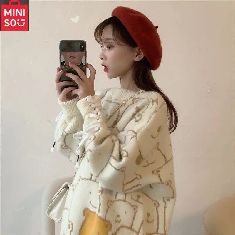 

MINISO Sweater Women's New Loose Student Internet Celebrity Hoodie Fashionable Lazy Outerwear Knitted Jacket