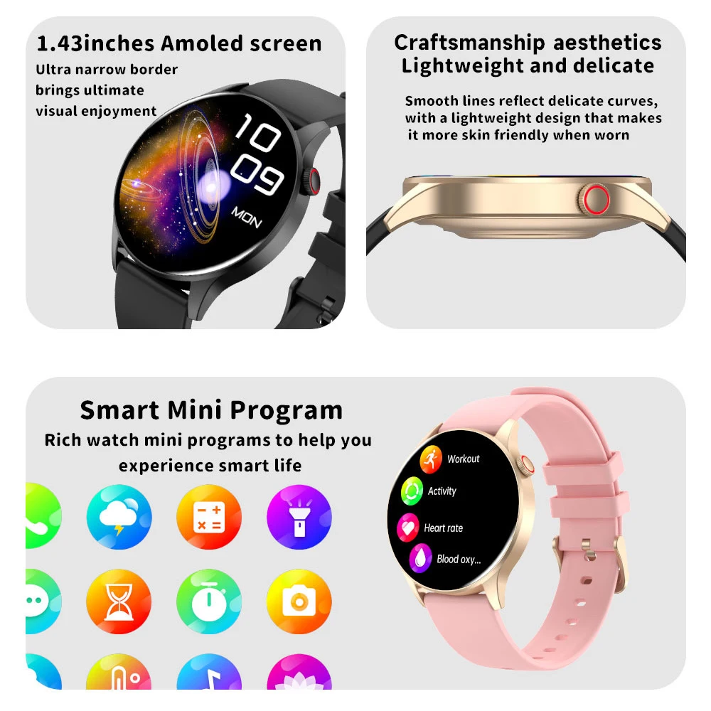 Novos relógios inteligentes femininos 1.43 polegadas tela amoled azul dente chamada moda smartwatch hrv 24h monitor de freqüência cardíaca contínua