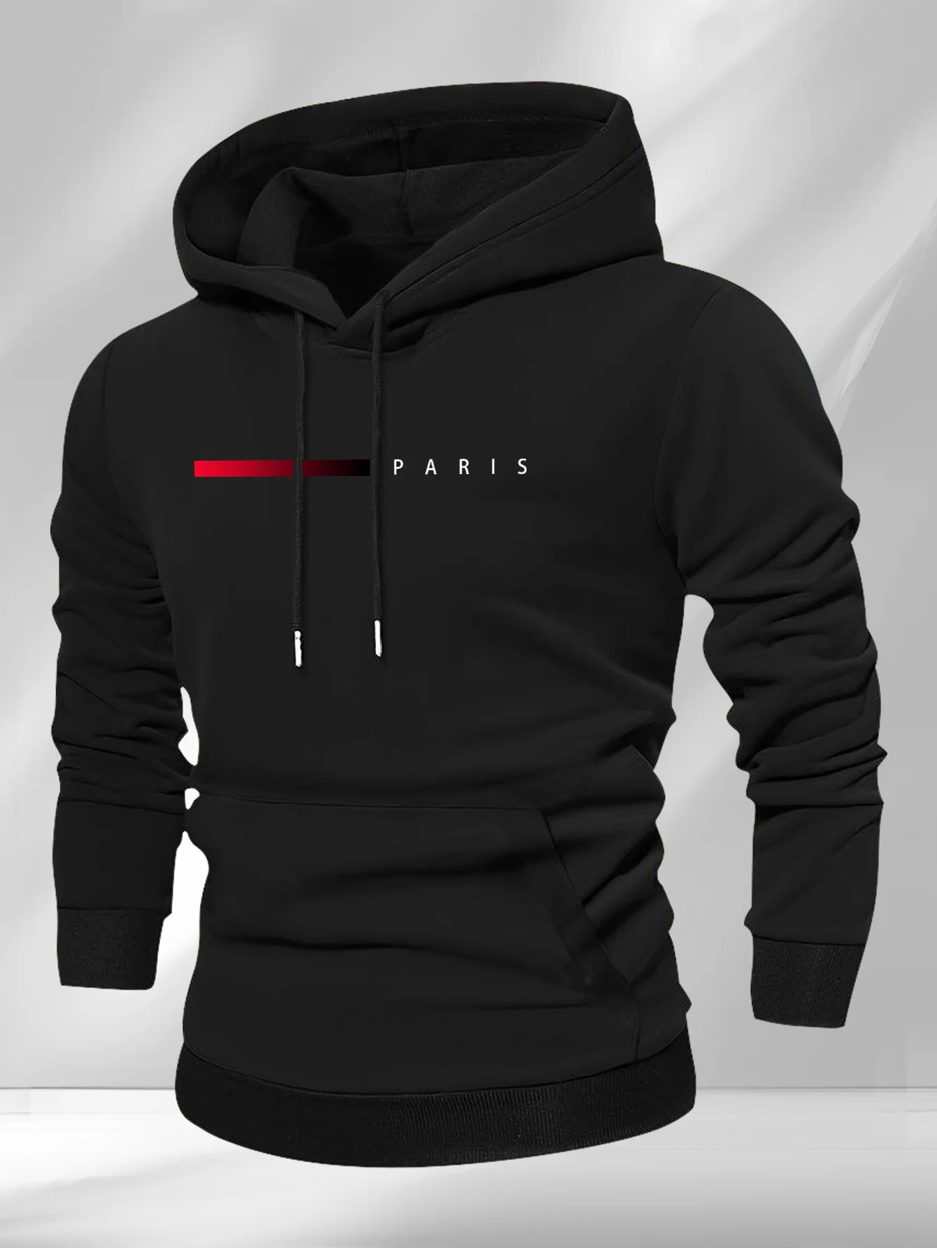 2026 Men Paris Letter Gradient Red‑Bar Pullover Hoodie, Casual Loose Long‑Sleeve Hooded Sweatshirt Autumn Winter Streetwear Tops