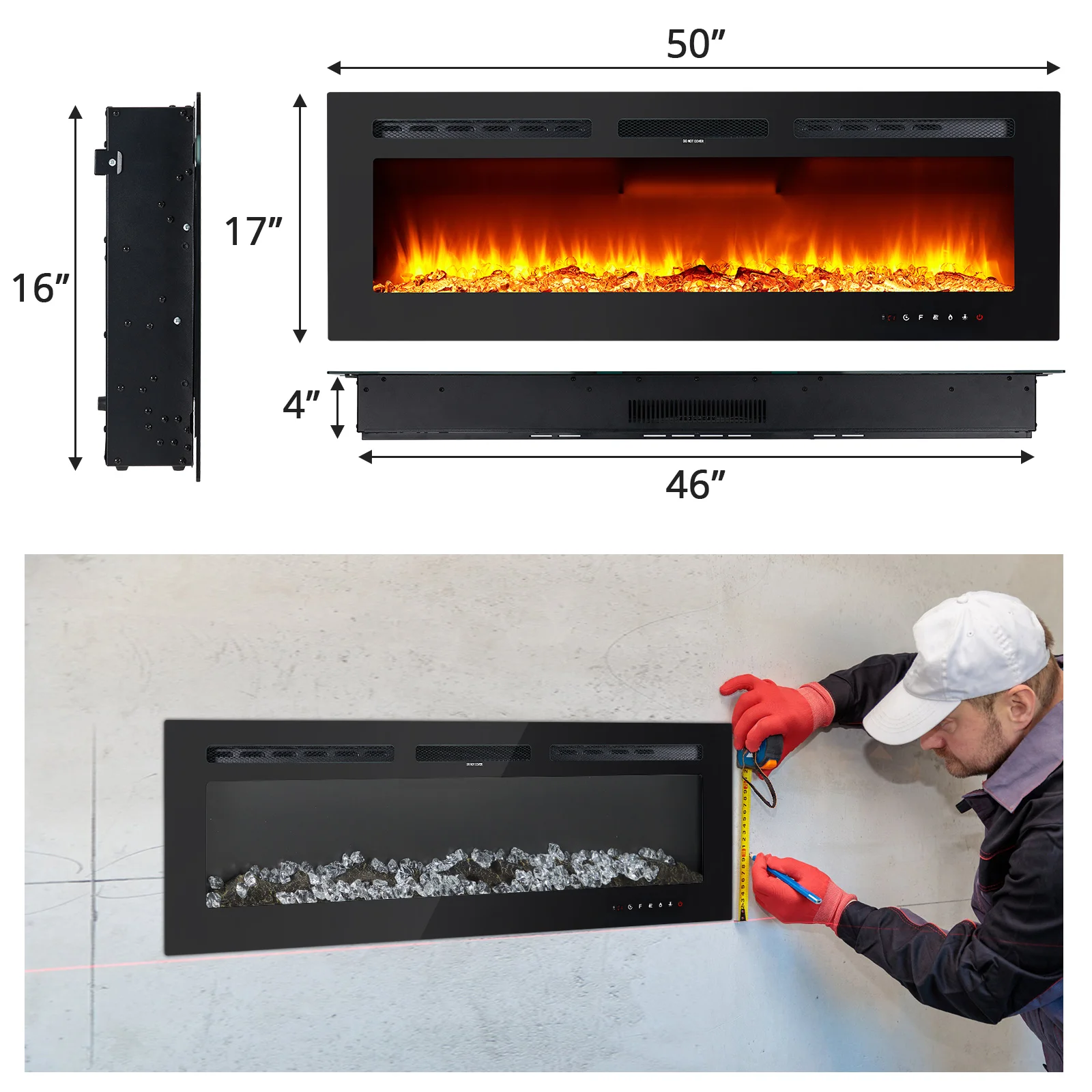 50" Electric Fireplace in-Wall Recessed and Wall Mounted with Remote Controls 12 Realistic 3D Flame Colors, 750/1500 W Heater