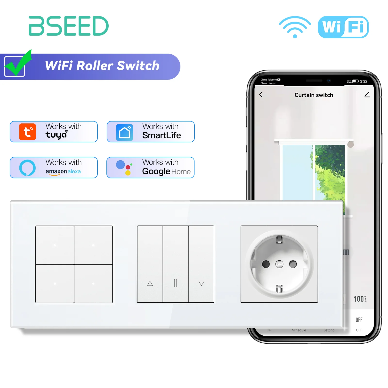 BSEED Wifi Smart Blind Shutter Schalter Mechanische Tasten App Steuerung Plus Licht Normale EU Buchse USB Typ-c Schnelle aufladen 9