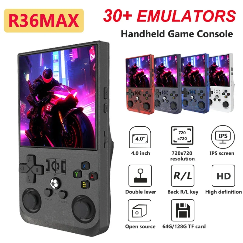 R36MAX Retro Handheld Video Game Console Portable 4-inch IPS Screen 64GB 128GB Game Players Emulator for PS1/PSP/MD/N64/CPS1/SFC