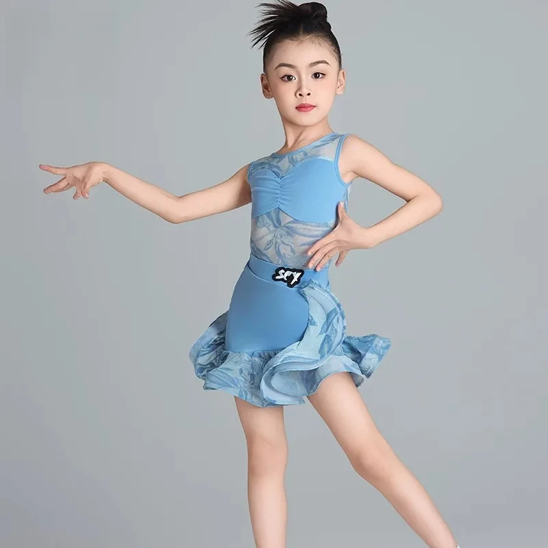Girls Blue Latin Dance Costume 2026 Summer Kids Split Ballroom Dance Dress Professional Practice Stage Performance Dancewear Set - view 6
