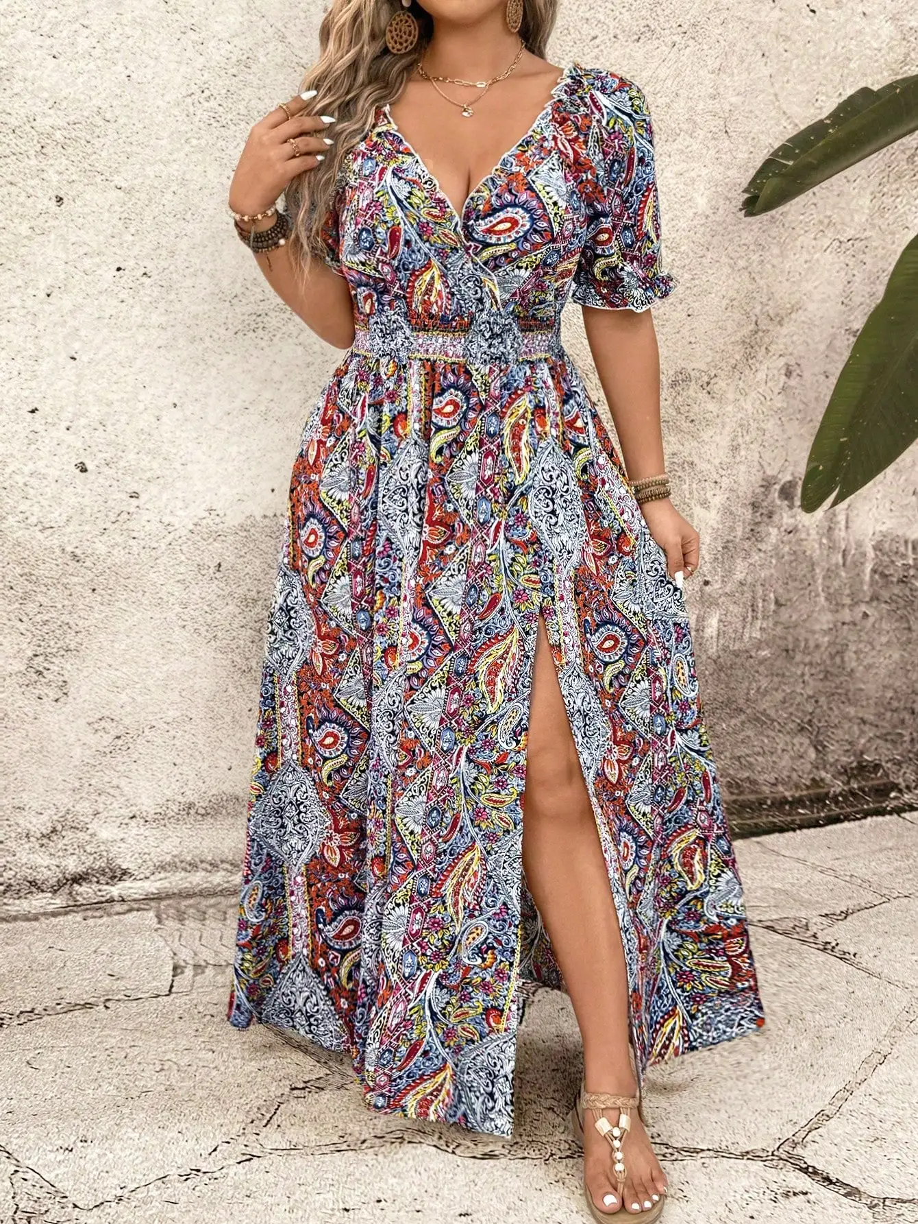 

Bohemian Paisley Print Maxi Dress With Slit, V-Neck Short Sleeve Elastic Waist Summer Beach Dress
