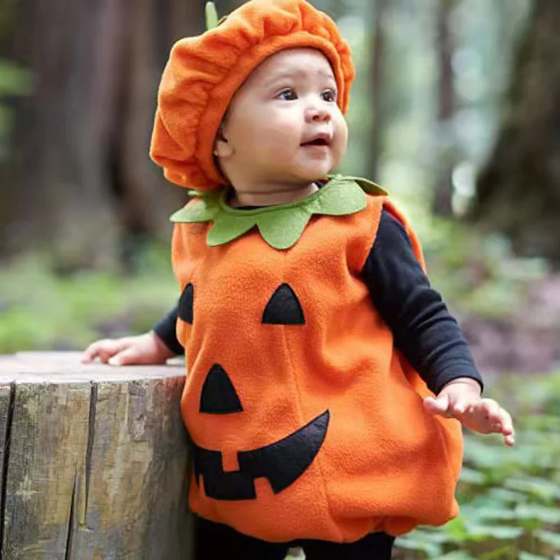 Children\'s Costumes Halloween Burst Pumpkin Modeling Men And Women Baby Sleeveless One-Piece Pajamas With Hat Cute Onesie