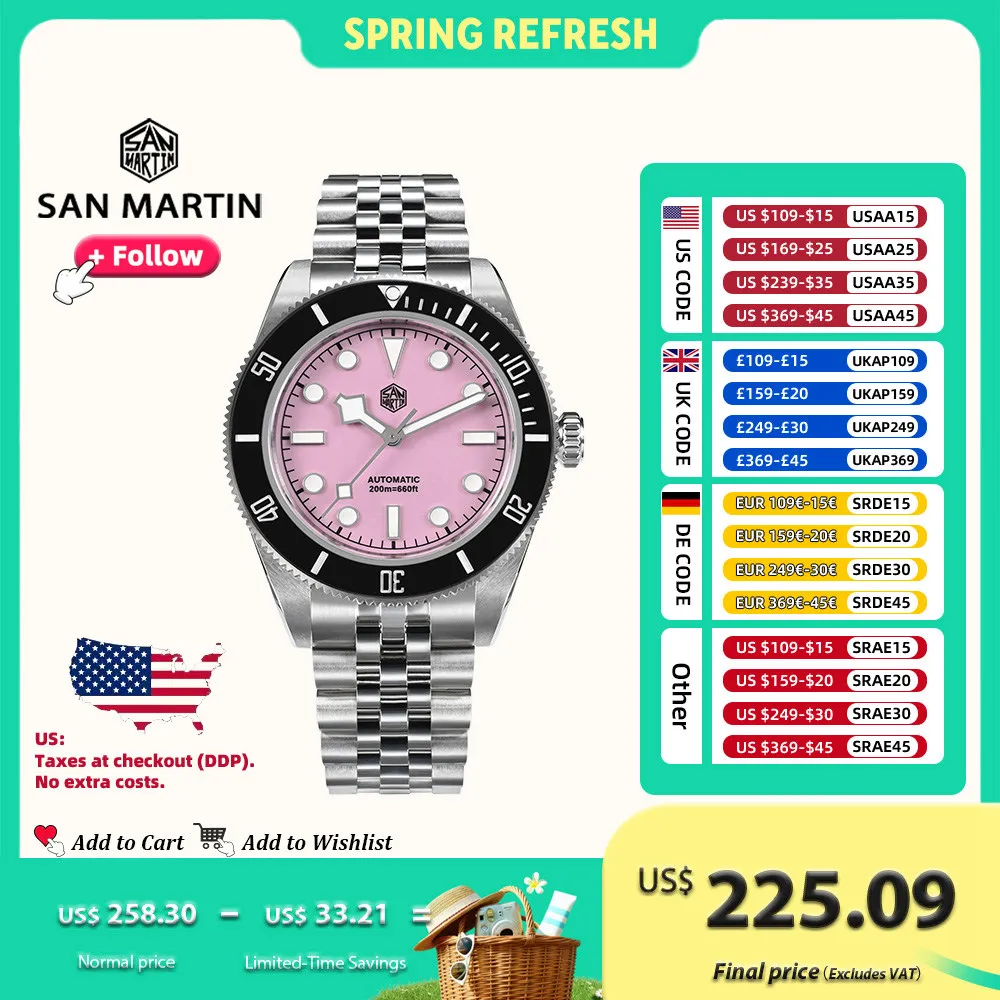 

San Martin 40mm Diver Watch Pink Dial Stainless Steel NH35 Automatic Mechanical Watches for Men Sapphire Waterproof 200m SN0128