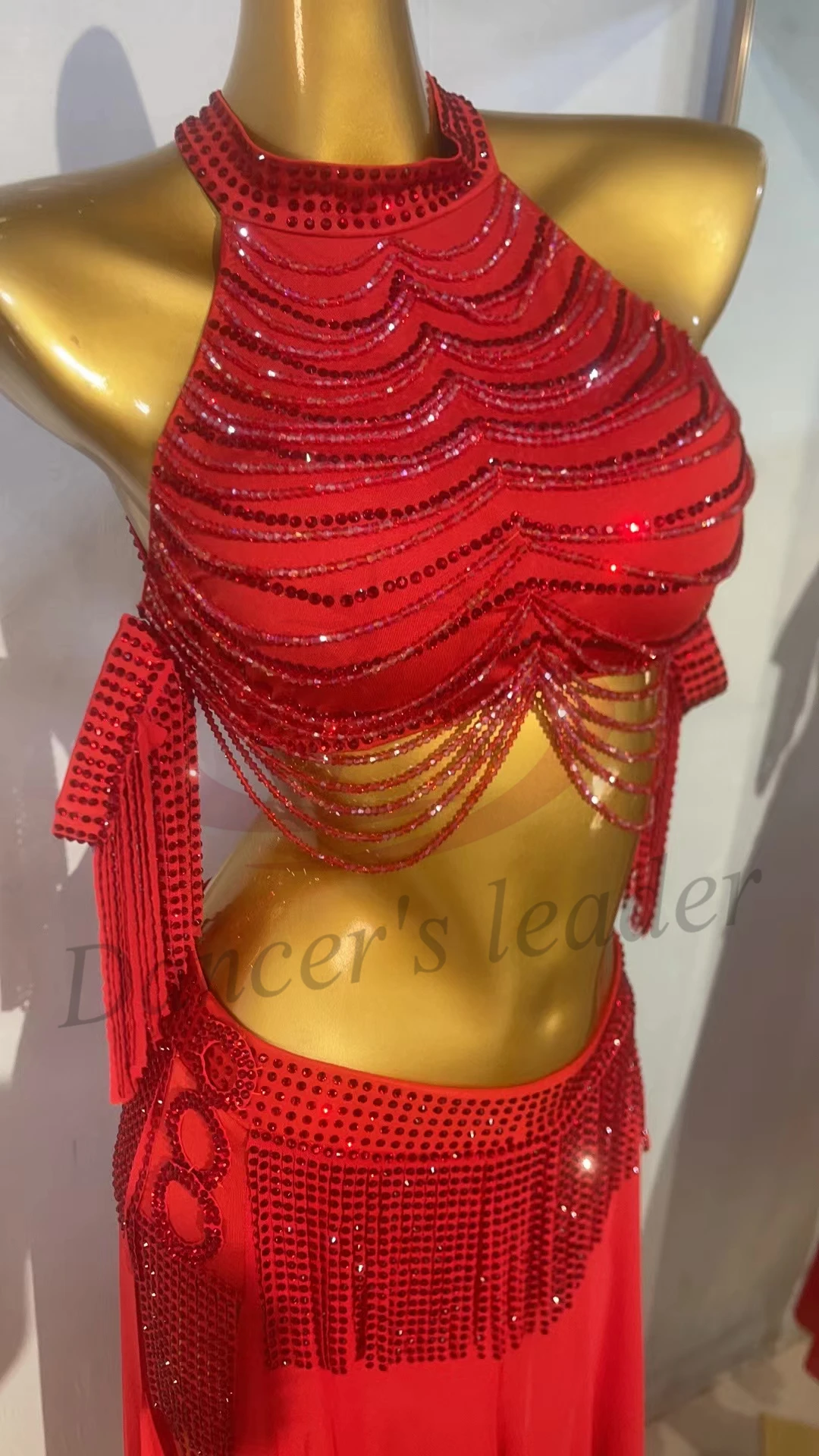 Konkurs Tańca Brzucha Damska Ekskluzywna Sukienka na Zamówienie z Czerwonymi Kryształkami, Koralikami, Rurką, Amerykańska Samba, Sukienka z Cyrkoniami