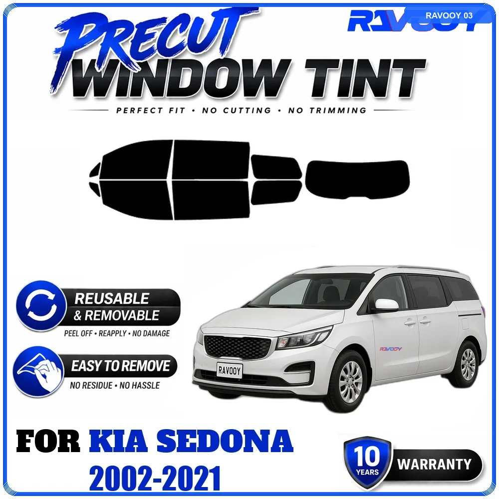 RAVOOY Precut Window Tint, Reusable Removable EPU Film, Custom Fit for Kia Sedona 2002-2021, UV Heat Protection
