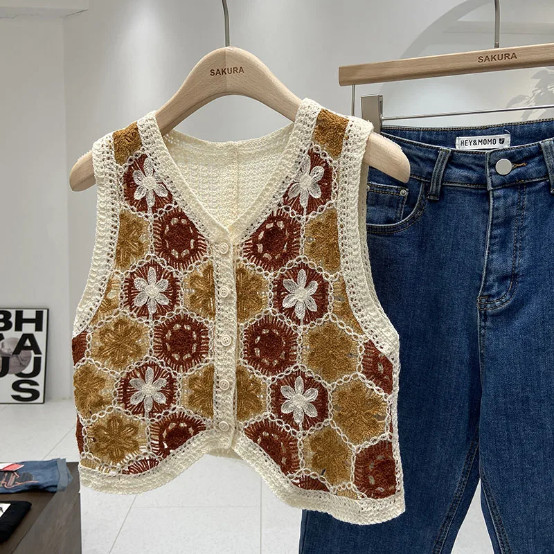 Women Crochet Knit Top Chiffon Sleeve Button Down Granny Square Knit Blouse Cardigan Teen-girl Spring Summer Fairycore Outfit