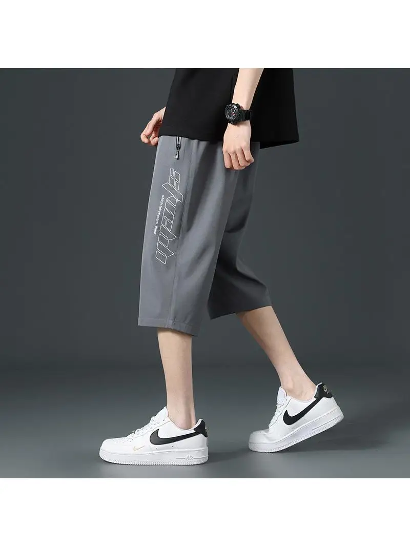 

Брюки из ледяного шелка на семь футов, мужские летние тонкие повседневные свободные брюки большого размера для работы, прямые джинсы на молнии