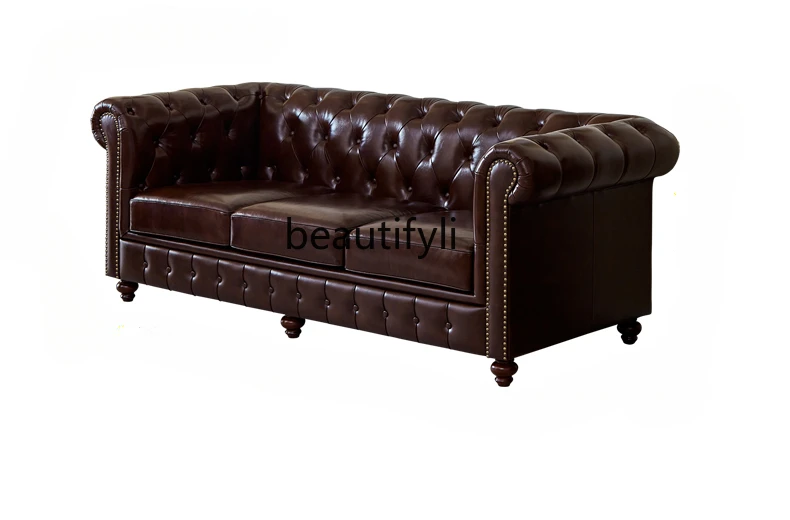 

American Sofa Genuine Cattlehide Leather Surface Small Apartment Country Retro Living Room Straight Row Combination Sofa