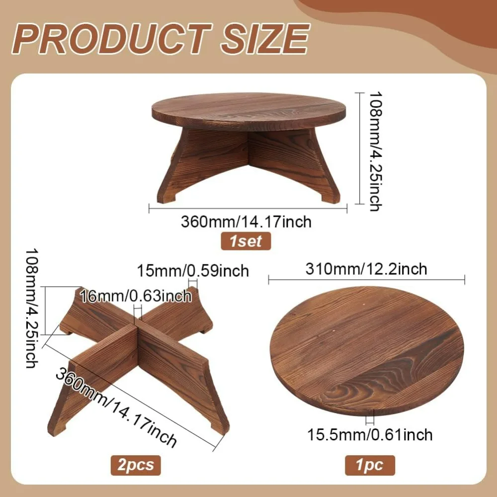 Wood Cake Stand Flat Round Wooden Display Pedestals Coconut Brown Wood Cake Display Stand Rustic Burnt Wood Dessert Pedestal