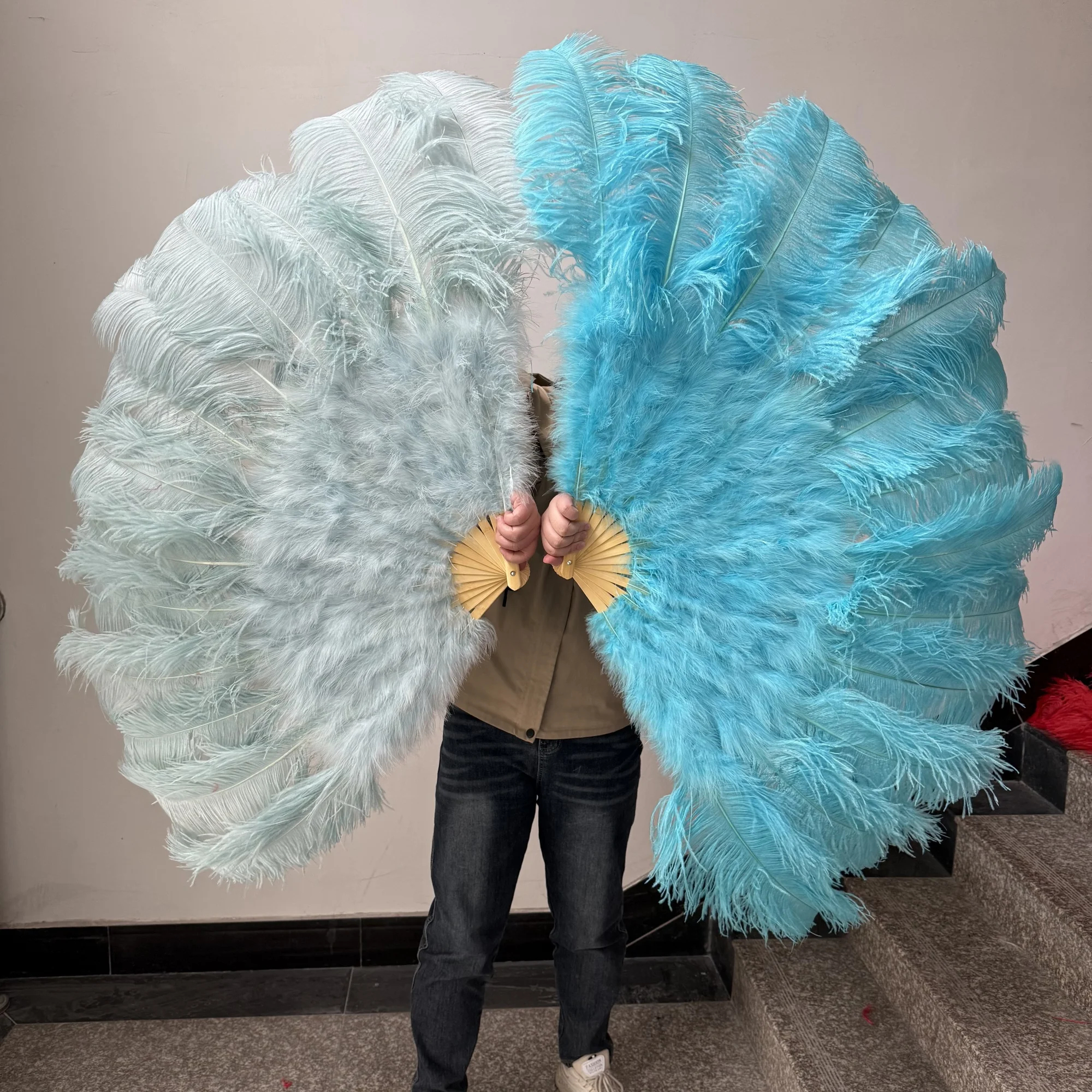 Blue Fluffy Ostrich Feathers Fan 75*130CM/60*90CM 13 Bone Handheld Fan Festival Stage Performance Props Dance Accessories 1-2PCS