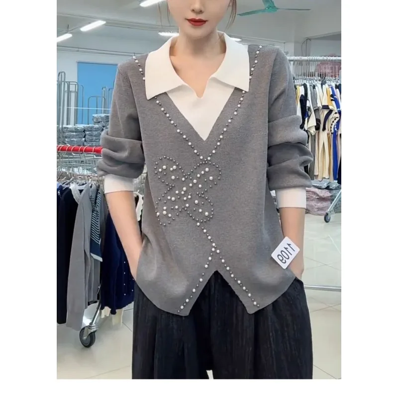 

Серый модный вязаный топ контрастного цвета с вышивкой для женщин осенью и зимой